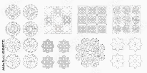 Collection of intricate grayscale geometric patterns arranged in a grid