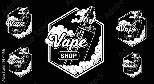 Vintage vape shop logo set with electronic cigarettes and smoke clouds, monochrome e-cigarette emblems in hexagonal frames, 5 vector badges for vaping lounge