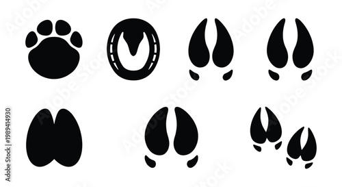 Animal track silhouettes set, black hoof prints and paw marks vector collection, wildlife footprint icons for nature tracking and hunting