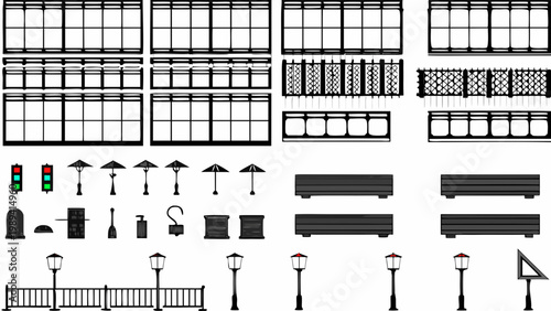 A collection of various black and white city planning elements