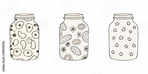 Three decorative glass jars with unique hand drawn doodle patterns