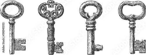 set of four vintage ornate metal keys with intricate engraved designs, isolated on white background