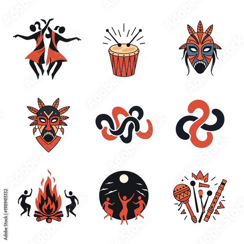 Cultural festival illustration with mask dancers and drums