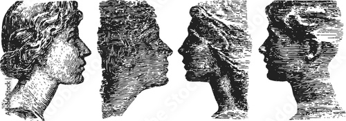 vintage engraved human profile portraits in black and white with detailed facial features