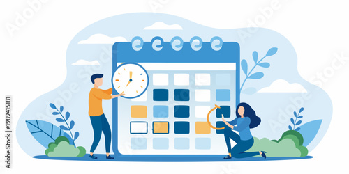 People managing a large calendar planning schedules and time management