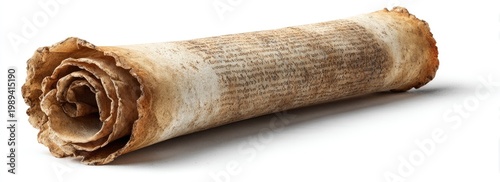 An ancient, rolled scroll of parchment with aged, textured appearance, slightly unraveled