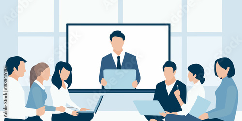 Business team participating in a virtual meeting with a presenter