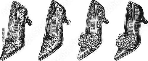 vintage women's high heel shoes set with decorative floral and beaded details in black and white sketch
