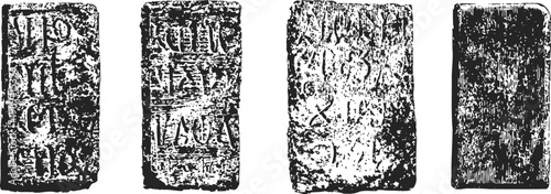 Ancient stone tablets with carved inscriptions and weathered textures isolated on white background