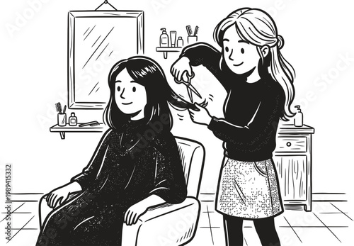 Black and white, hairdresser, salon scene, hairstyle, beauty service, illustration