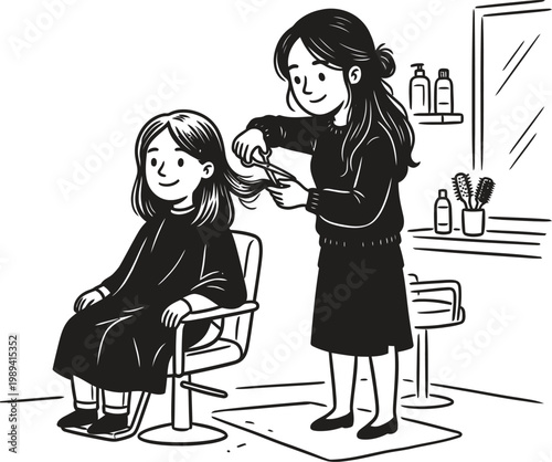 Haircut, girl getting haircut, kid in salon, hairdresser, black and white illustration