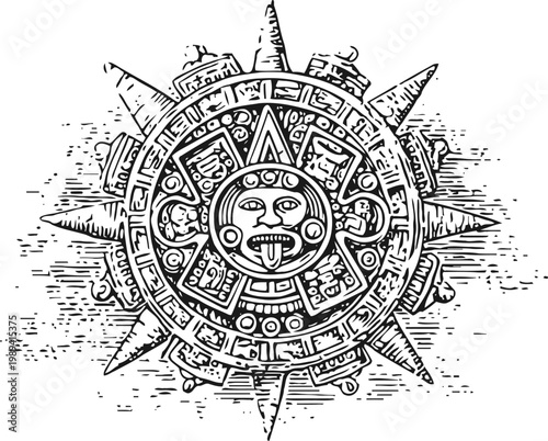 Ancient aztec calendar stone with sun rays and detailed geometric patterns in black and white
