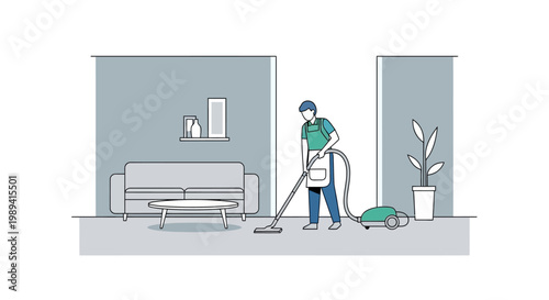 A person wearing a green shirt and blue jeans is vacuuming a living room with a couch, plant, and walls.