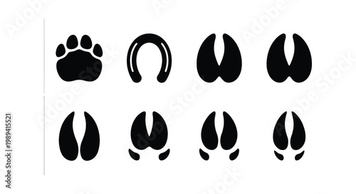 Animal track icons set, black paw print and hoof silhouettes, 8 vector elements including horseshoe and cloven hoof marks for wildlife tracking