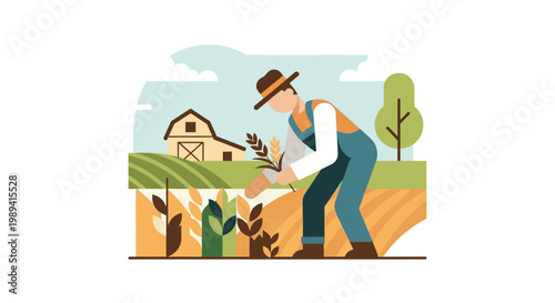 The farmer is planting a sapling in the garden near a rustic barn under a sunny sky with lush greenery.