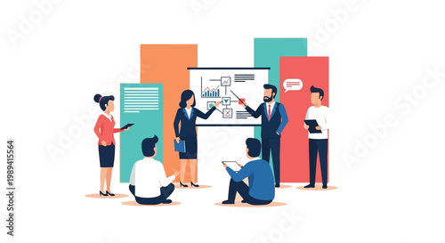 A group of diverse people are collaborating and brainstorming around a large whiteboard in a modern office space with colorful walls and furniture.