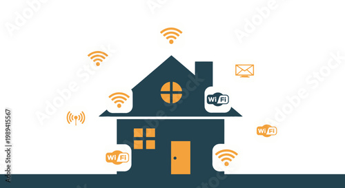 A modern house with various communication symbols surrounding it, showcasing technology integration in a residential setting with internet and devices.