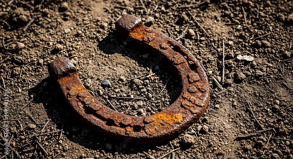 Fototapeta premium Rusty old horseshoe on ground.