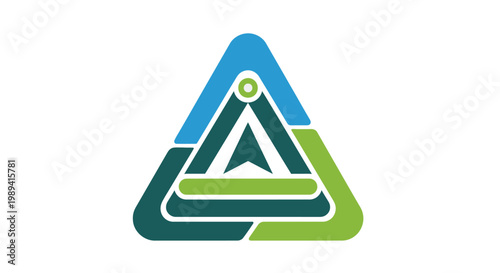 A stylized triangular logo with blue, green, and white colors is prominently displayed on a clean background, featuring a nested triangle design.