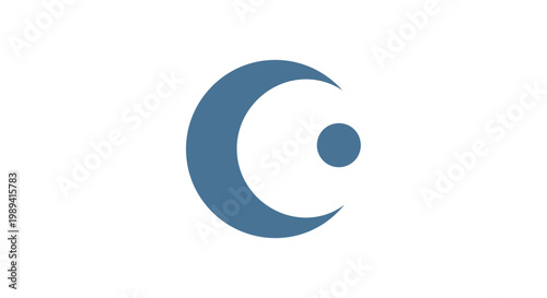 A serene lunar crescent shape shines brightly in the dark blue evening sky with a small circle at its center.