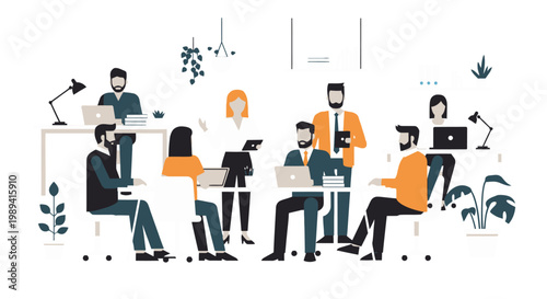 A group of people are sitting and standing around desks in an office environment with laptops and plants illustrating a modern workplace scene with colleagues collaborating.