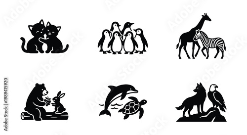 Minimalist animal silhouette icons, black and white wildlife vector set, stylized nature illustrations of mammals and birds for logo design