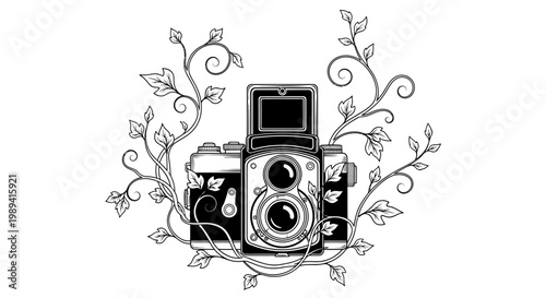 Detailed vintage twin-lens reflex camera illustration with intricate leafy vines. Retro photography art.