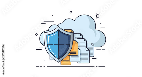 A shield protects a stack of files under a cloud with a lock, representing security and data safety in a digital environment.