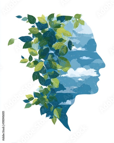 Silhouette of a head filled with sky and foliage, conveying nature and mental concept