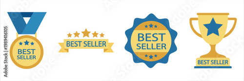 Best Seller Badge Medal Trophy Award Gold Flat Set Marketing Guarantee Quality Premium Product Promotion Shopping E-commerce Advertising Icon Sticker