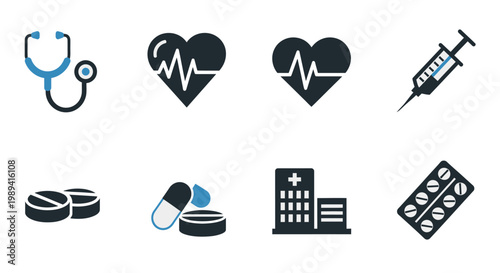Medical icons depicting healthcare and wellness through stethoscope, heart rate, syringe, pills, and hospital building on a clean interface.