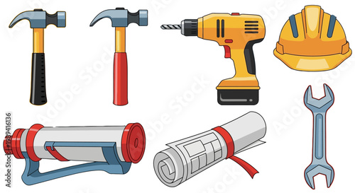 A collection of various tools including a drill, hammer, and wrench are laid out on a surface, accompanied by a hard hat and blueprints, showcasing equipment for a construction or industrial project.