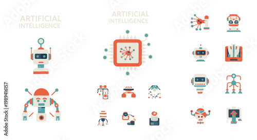 A futuristic scene depicting various artificial intelligence concepts and robotic illustrations in a technological environment with gadgets and machines.