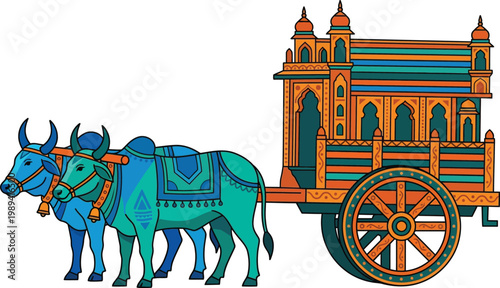 Traditional Indian oxen cart, colorful vector illustration, rural transportation, cultural icon, ox cart