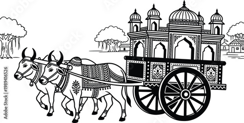 Indian, traditional, bullock cart, vector illustration, black and white, transportation, India