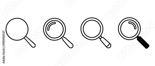 Minimalist magnifying glass icon set, search and discovery vector symbols, 4 line art loupe elements for web interface and app navigation design
