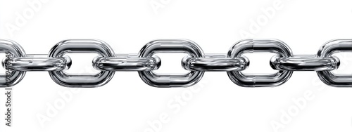 Close-up of a metallic chain links stretching horizontally against a bright white background