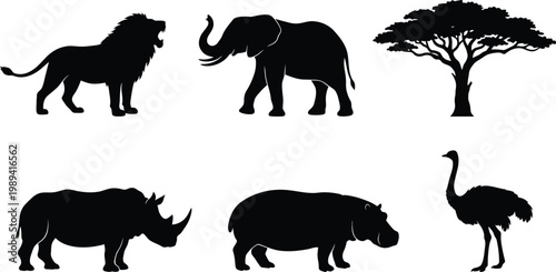 African animal silhouettes, safari icons, wildlife symbols, black vector graphics