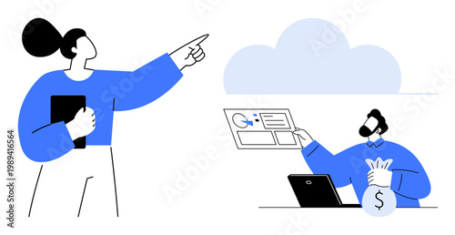 Business strategy, teamwork, finance, technology, cloud computing, analytics. A person pointing to the cloud another with a laptop and cash bag. Business strategy and finance visually