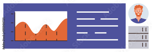 Analytics, data visualization, tech interfaces, user profiles, business management, system monitoring. Line chart, profile image and server storage icons. Analytics and data visualization concept