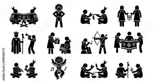 Native American culture icons set, indigenous people tribal life silhouettes, 12 vector stick figures depicting traditional rituals and daily activities