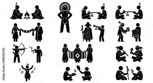 Native American indigenous people stick figure icons, tribal culture and traditional ceremony vector set, ethnic heritage and historical life illustrations