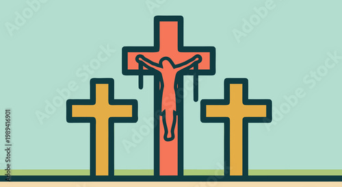 A stylized illustration depicting three crosses on Good Friday, symbolizing sacrifice and faith