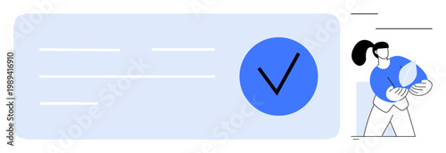 Digital identity, global verification, online security, user authentication, approval process, modern technology. Blue check mark and person holding a globe. Identity and global verification