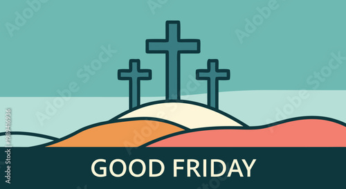 Reflective art depicting three crosses on a hill for Good Friday, a solemn Christian observance