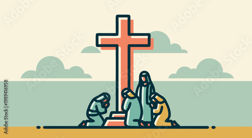 Illustration of people kneeling in prayer before a large cross on Good Friday, symbolizing faith and devotion