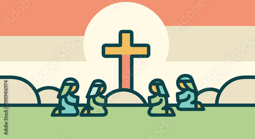 Good Friday illustration showing people praying in front of a cross, representing a solemn and hopeful day of remembrance and faith