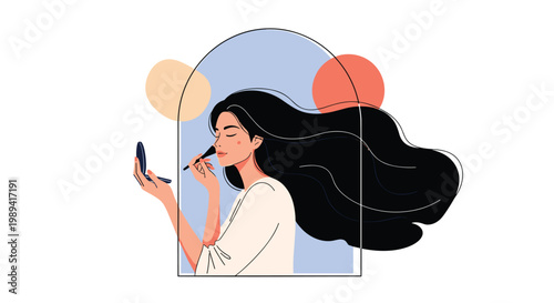 Elegant woman with long dark hair applying makeup to her cheek with a brush while looking into a small mirror in a minimalist frame.