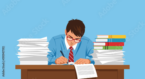 Hardworking male student with glasses focused on writing and studying at a desk piled high with stacks of books and documents.