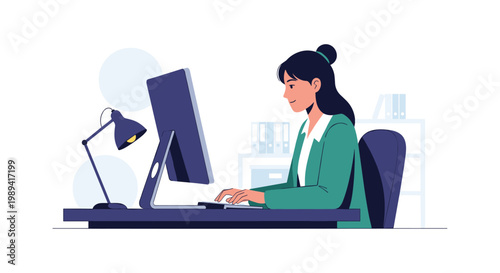 Professional woman sitting at a modern desk and typing on a computer keyboard in a bright office space with a lamp and bookshelf.